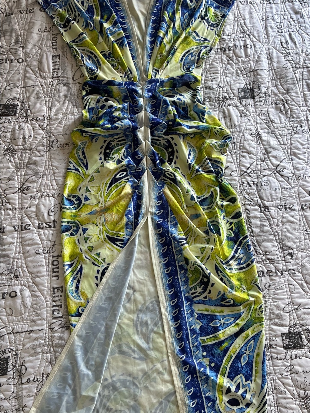 Elegant Blue and Green V-Neck Ruched Women’s Dress